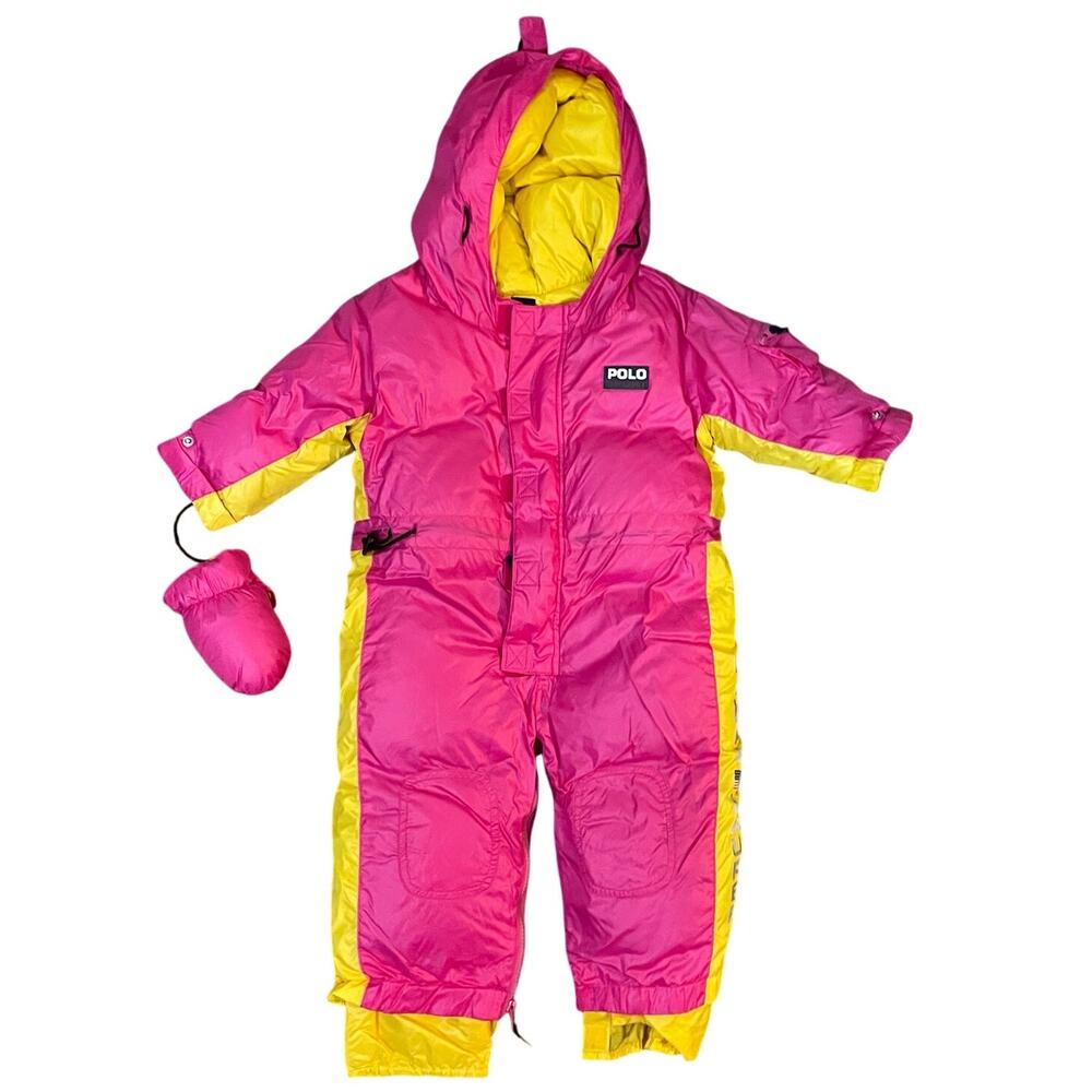 VTG Ralph Lauren Goose Down SnowSuit Bunting 12m-24m Pink & Yellow Puffer Zipper